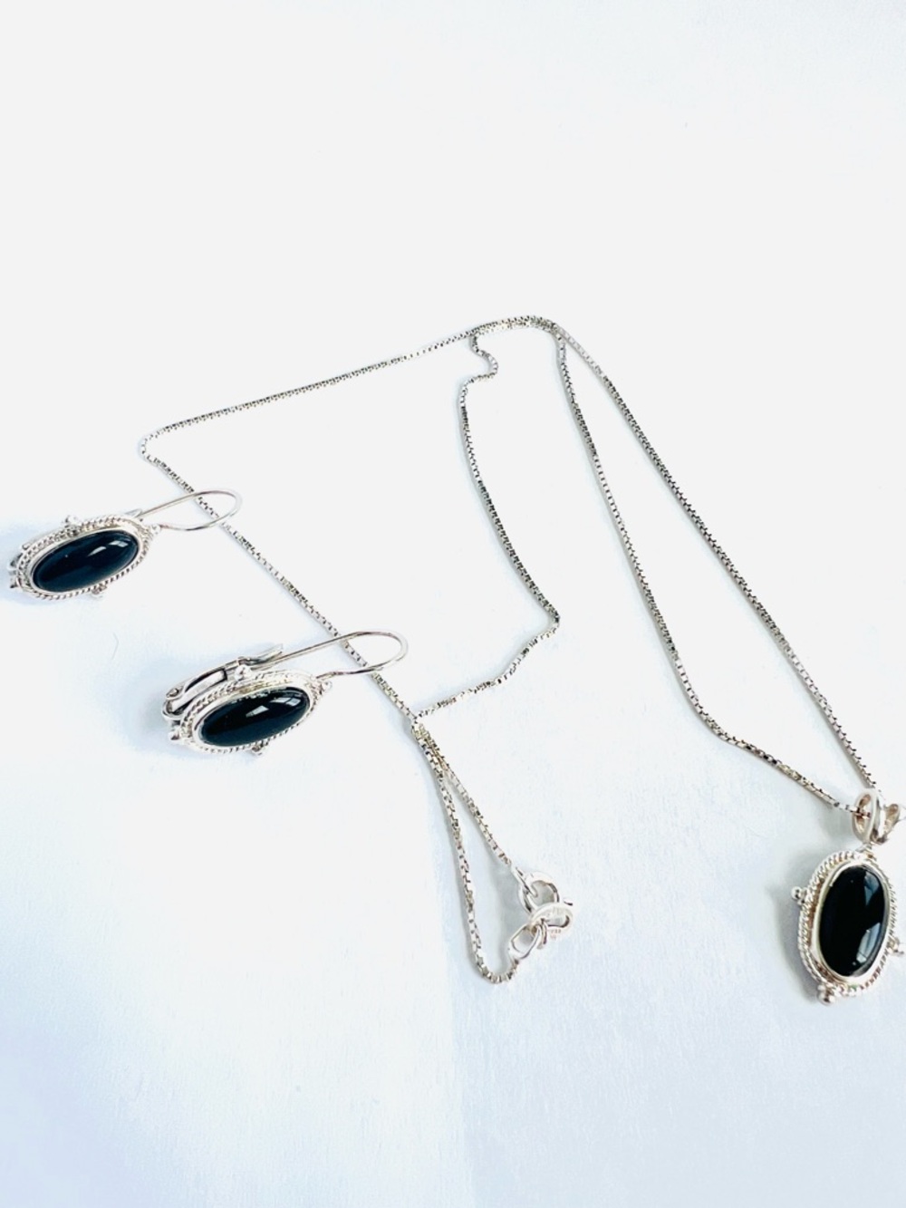 🇮🇹Vintage Italian 925 Sterling Silver Black Onyx Necklace & Earrings Set In Box